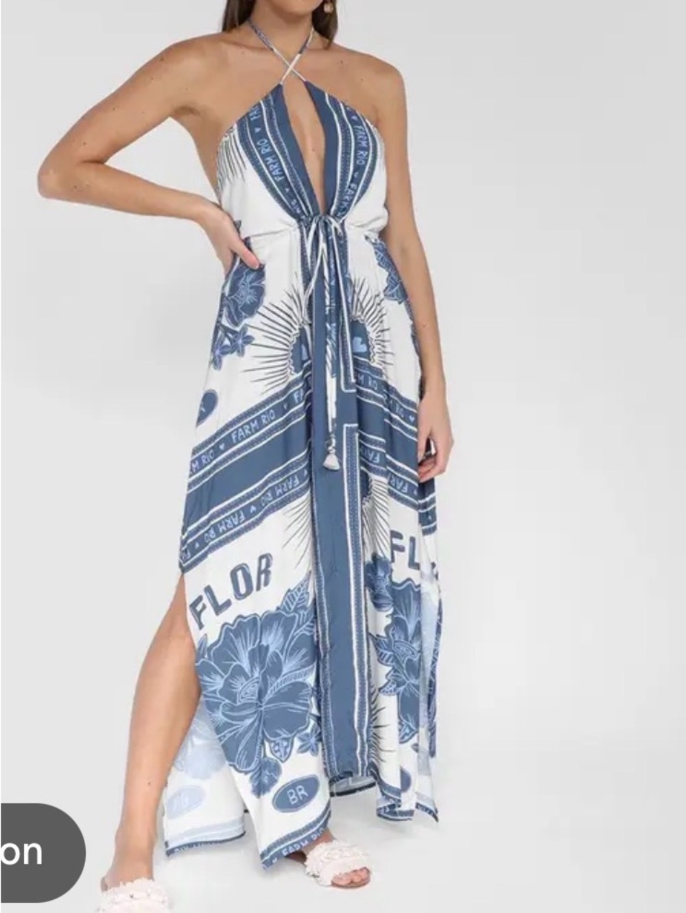 FARM Rio Blue and White CROPPED SONHO tropical Halter Tie-Front Maxi Dress